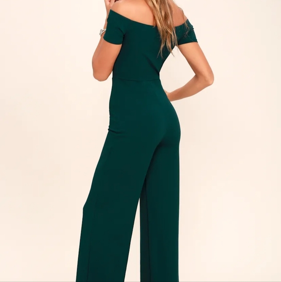 Lulus Alleyoop Dark Green Off-the-shoulder Jumpsuit - Size Small - Picture 3 of 4